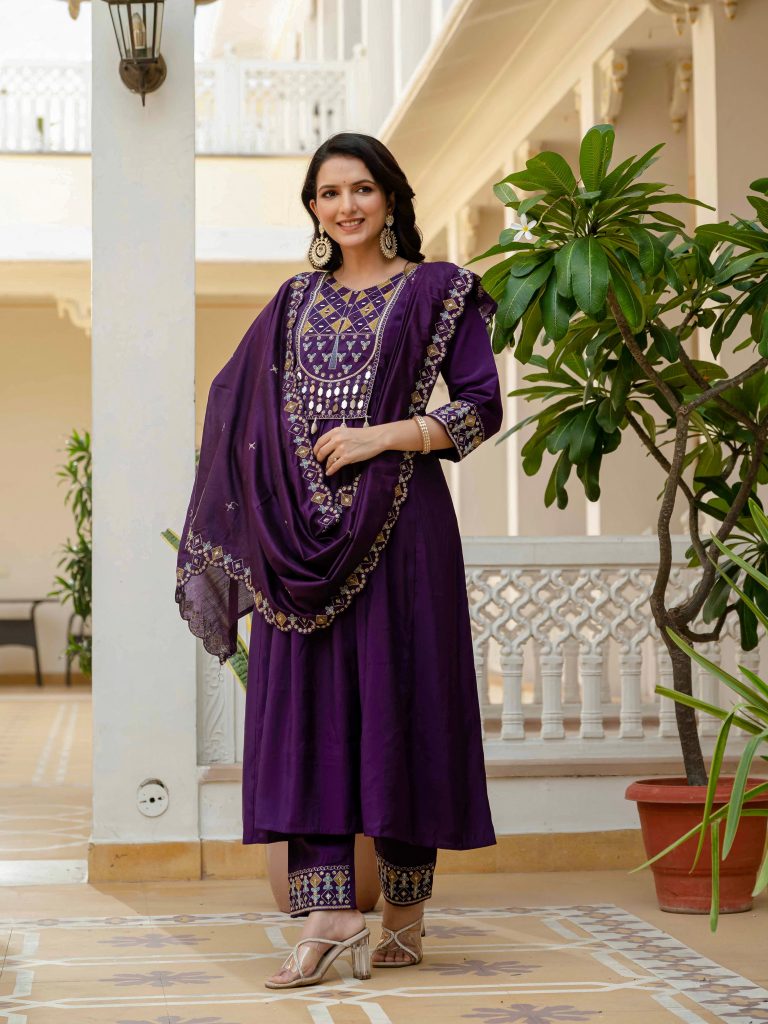 Royal Purple Viscose Roman Silk Anarkali Kurti & Pant Ensemble