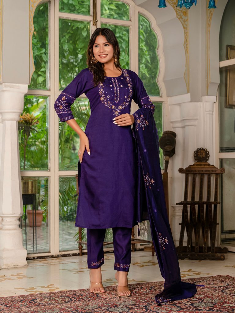 Violet Marina Silk Multi Embellished Suit Ensemble