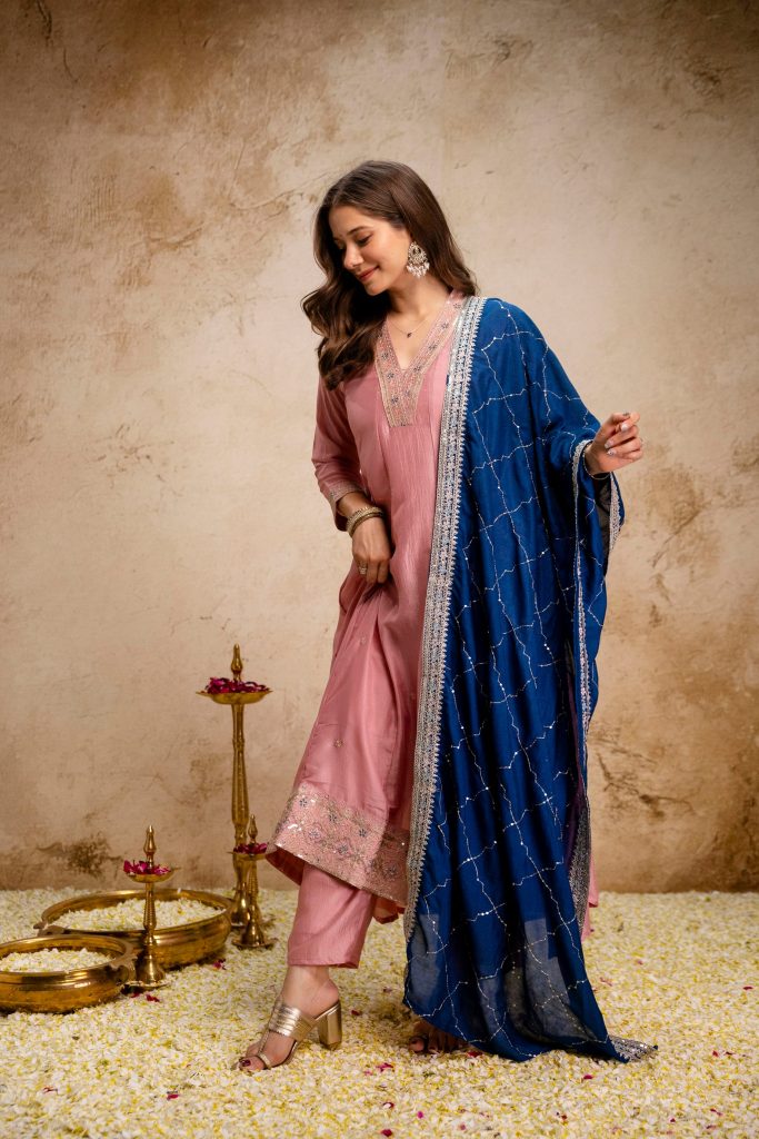 Pink Vichitra Silk Embellished Anarkali Suit Ensemble