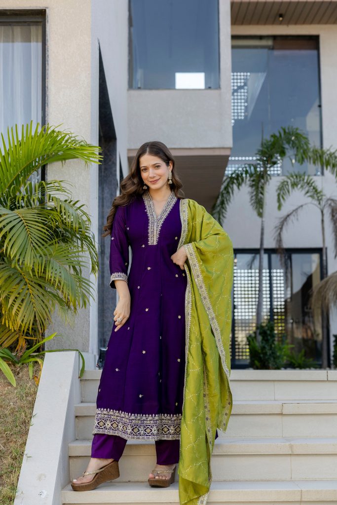 Wine Vichitra Silk Embellished Anarkali Suit Ensemble