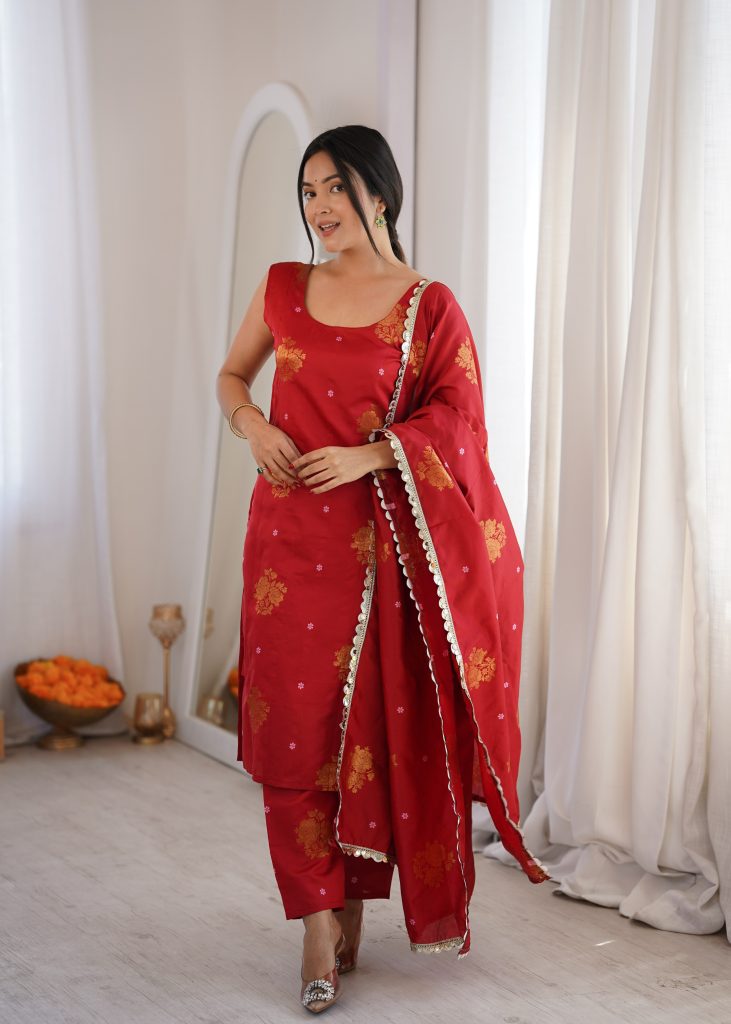 Red Aura Chanderi Jacquard Suit Ensemble