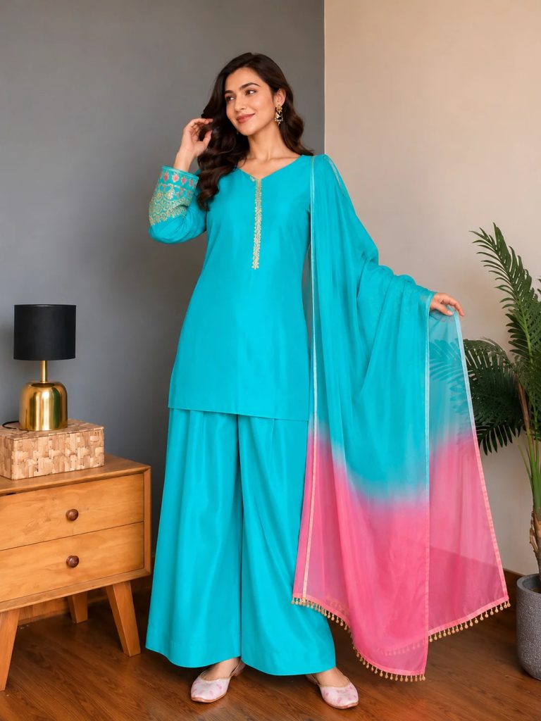 Turquoise Blue Embellished Farshi Kurta Palazzo Ensemble
