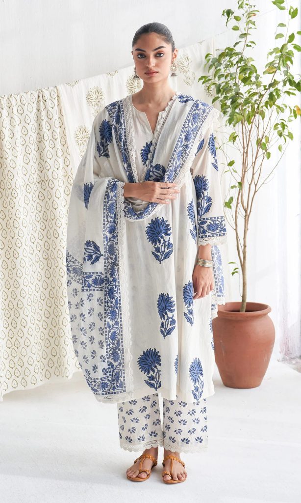 Anushka Kalamkari White & Blue Botanical Pattern Pure Cotton Kurta, Pant & Dupatta Ensemble