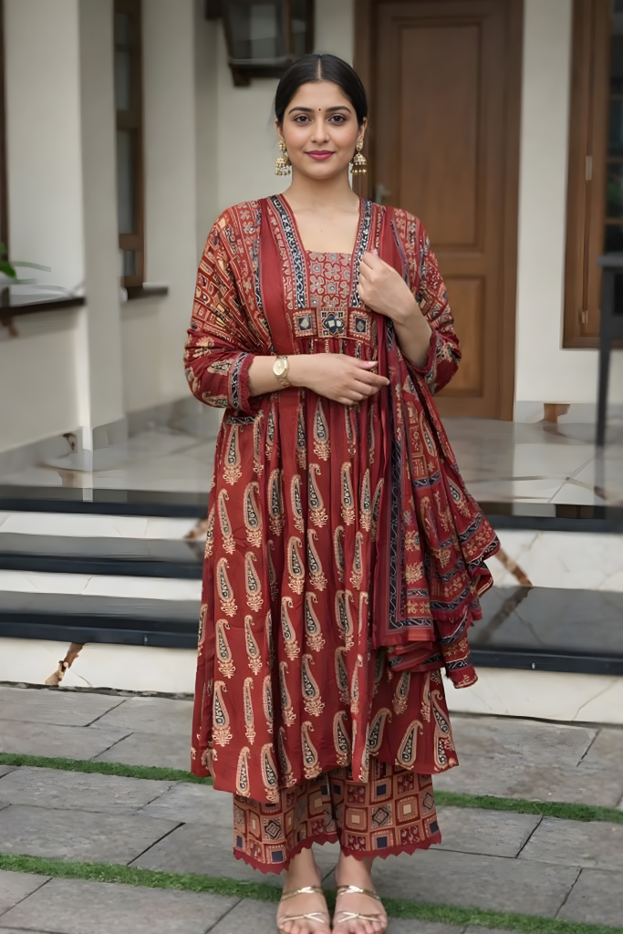 Rust Ember Jaipuri Cotton Red Patterned Anarkali Kurti, Pant & Dupatta Ensemble
