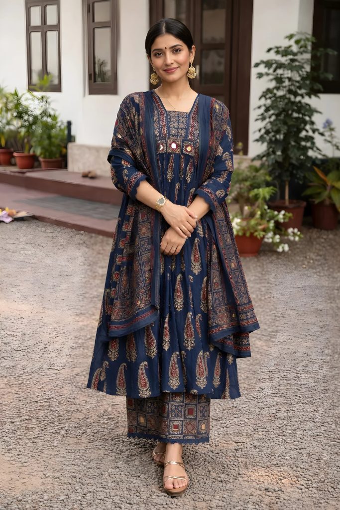 Jaipuri Cotton Navy Patterned Anarkali Kurti, Pant & Dupatta Ensemble