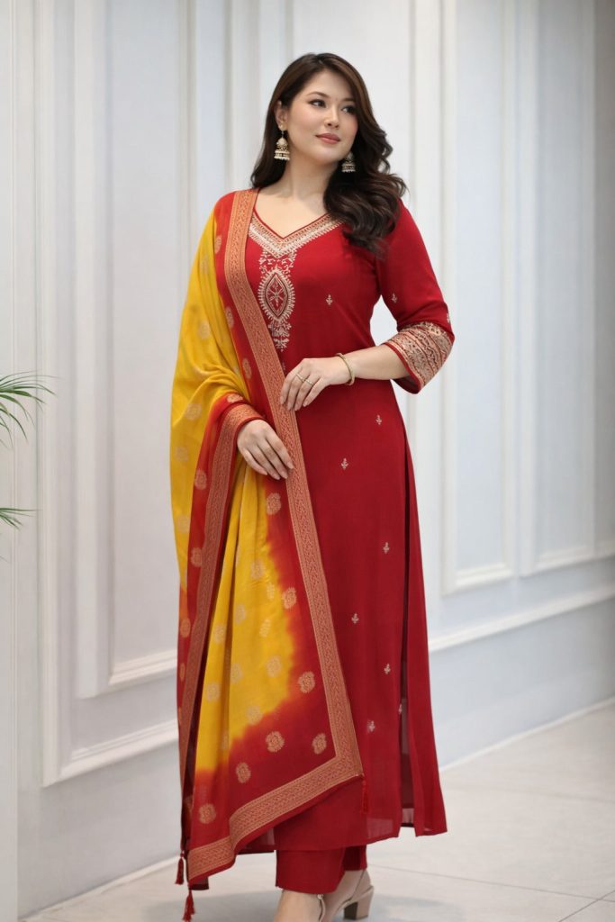 Red Embellished Kurti, Pant & Dupatta Ensemble