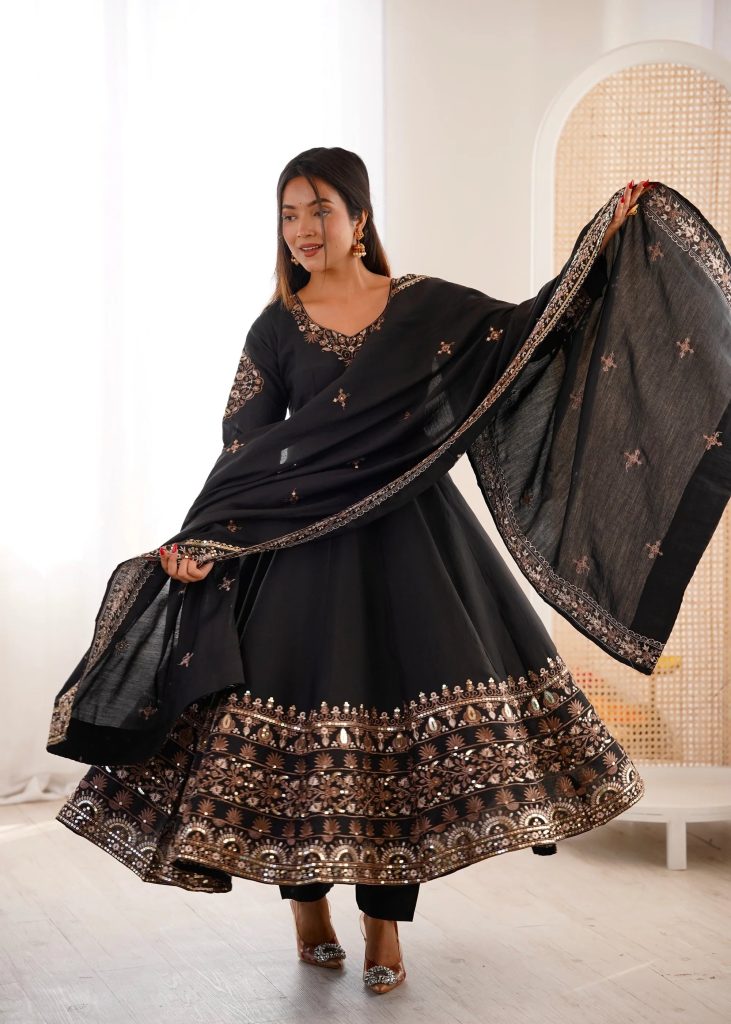 Midnight Black Embellished Roman Silk Kurta & Pant Ensemble