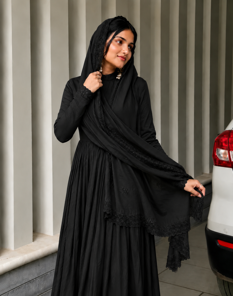 Graceful Black Cotton Anarkali Suit Ensemble for Women