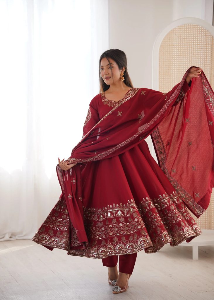 Deep Maroon Embellished Roman Silk Kurta & Pant Ensemble
