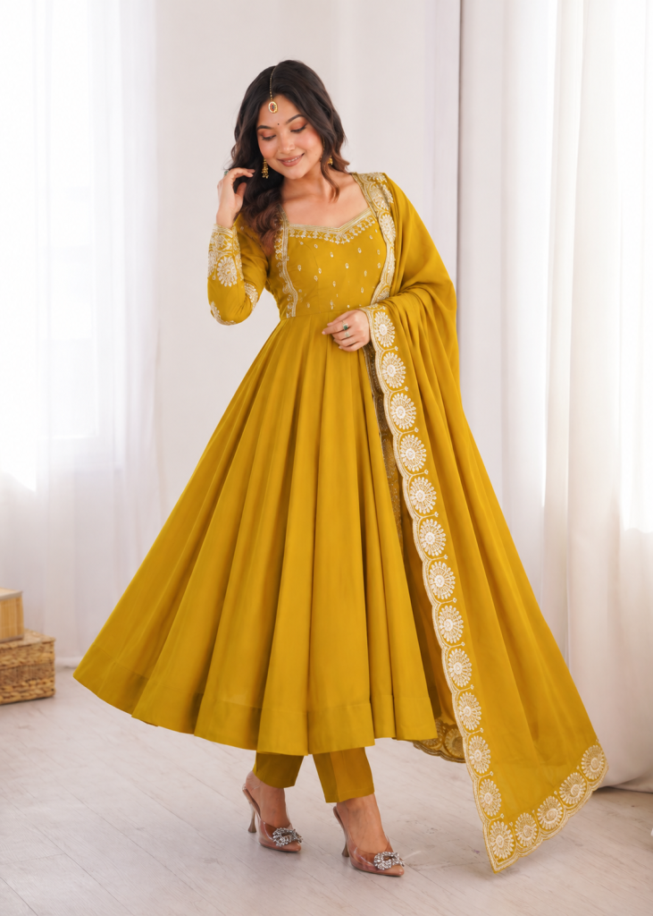Golden Yellow Embellished Anarkali Suit Ensemble