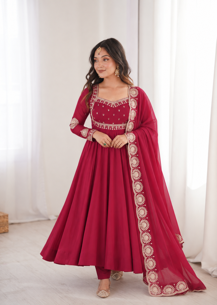 Wine Plum Embellished Anarkali Suit Ensemble