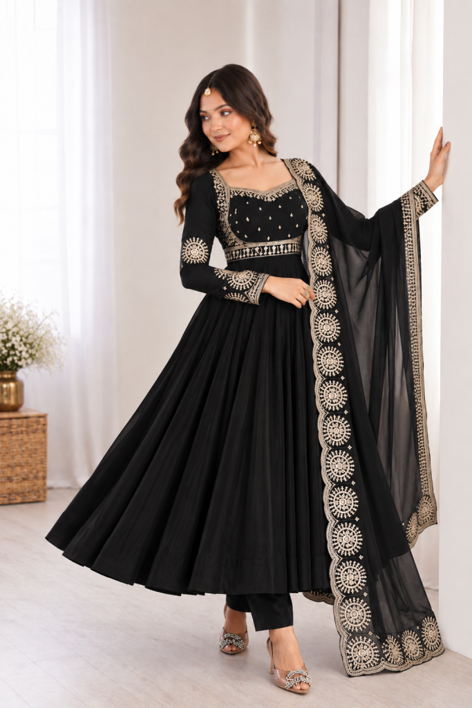 Midnight Noir Embellished Anarkali Suit Ensemble