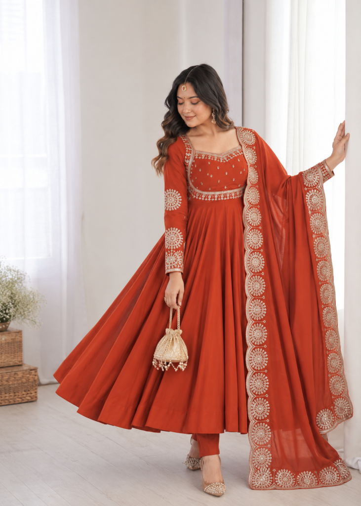 Burnt Sienna Embellished Anarkali Suit Ensemble