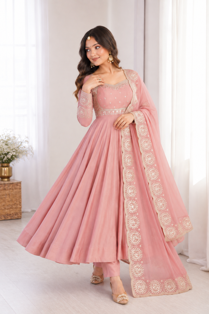Dusty Rose Embellished Anarkali Suit Ensemble