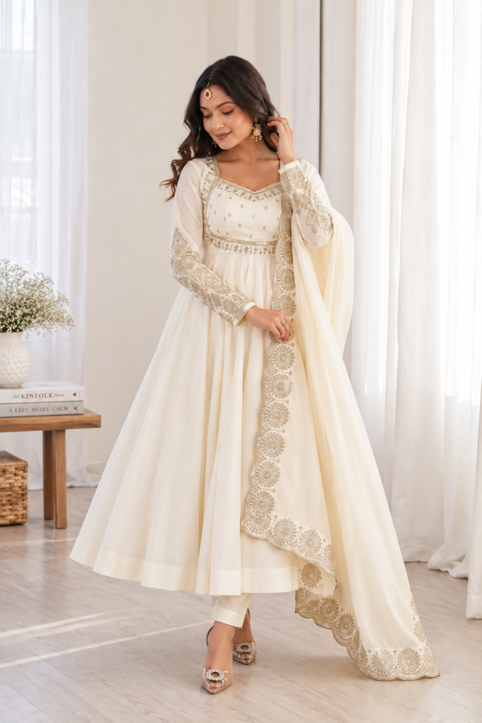 Ivory Embellished Anarkali Suit Ensemble