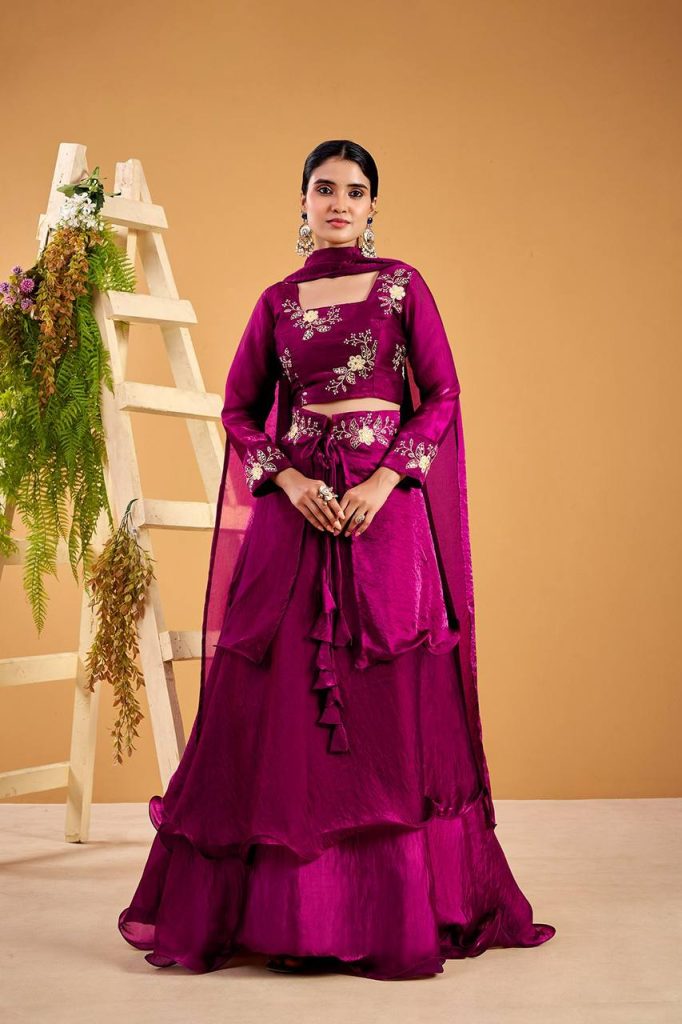 Wine Heavy Fandy Satin Lehenga Ensemble
