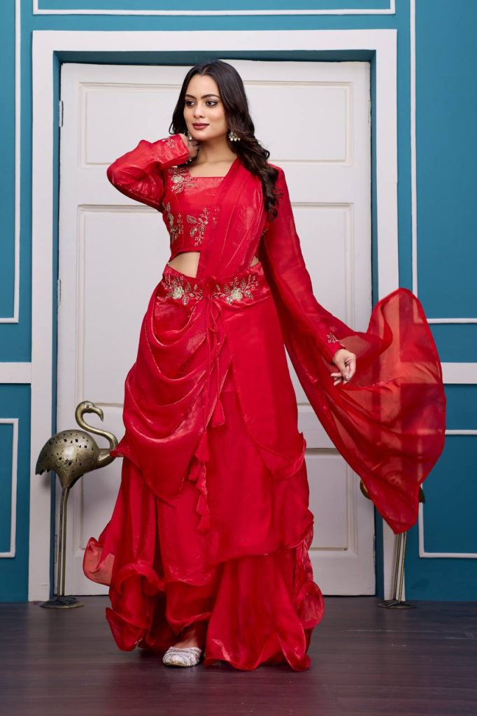 Red Heavy Fandy Satin Lehenga Ensemble