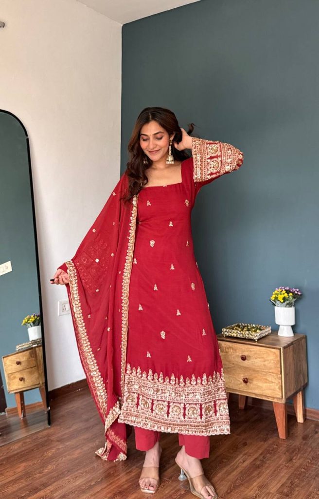 Ruby Faux Georgette Embellished Straight Suit Ensemble
