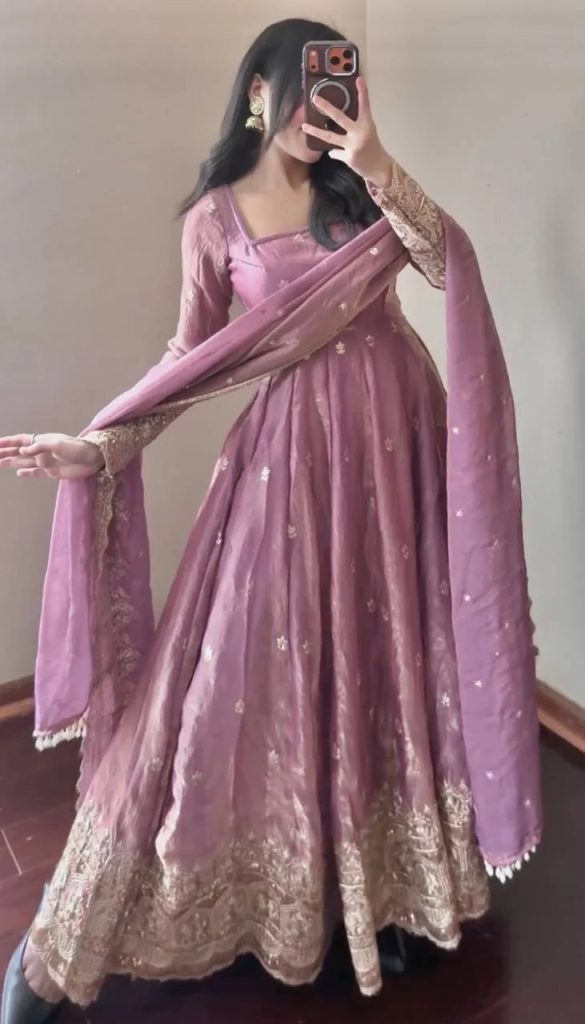 Peach Blush Fandy Silk Embellished Anarkali Suit Ensemble